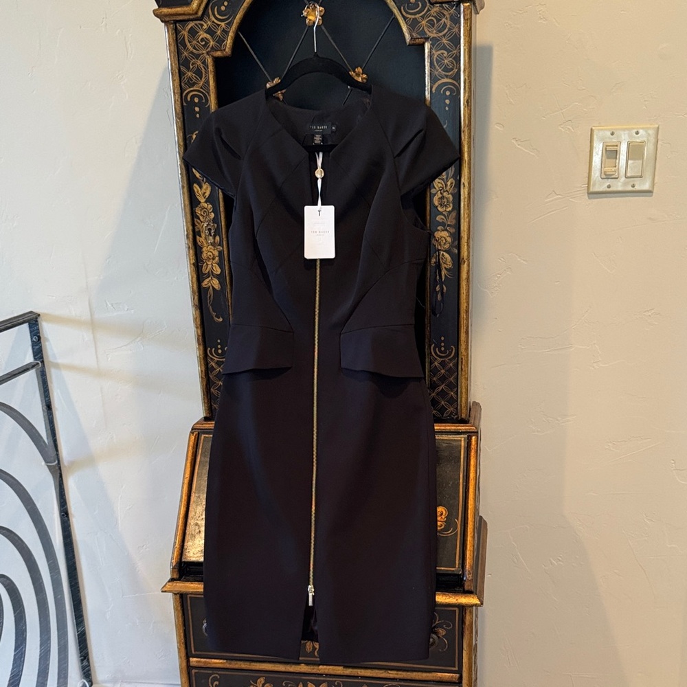 Ted Baker Elegant Black Midi Dress with Gold Accents